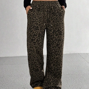 Pantaloni larghi a vita alta leopardati da donna con coulisse ed elastico in vita