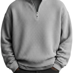 Sweat décontracté gris pour homme en maille gaufrée avec demi-zip et bords-côtes
