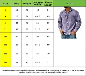 Size chart for men's vintage long sleeve shirts showing measurements from S to 5XL