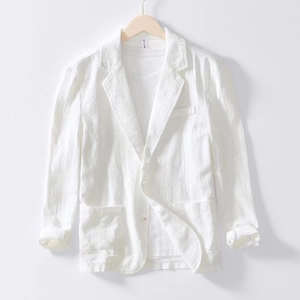 Chaqueta informal de algodón y lino blanco para hombre con solapa y bolsillos frontales