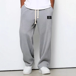 Men Casual Waffle Texture Straight Leg Pants Loose Fit Drawstring Waist Solid Color Sweatpants Sporty Streetwear Trousers