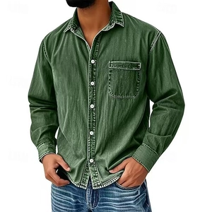 Men's vintage dark green long sleeve shirt with retro washed texture and chest pocket