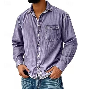 Men's retro vintage violet long sleeve button-down shirt with chest pocket and lapel