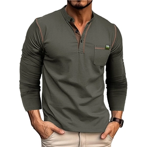 Men's sage green long sleeve Henley t-shirt with brown contrast stitching and chest pocket