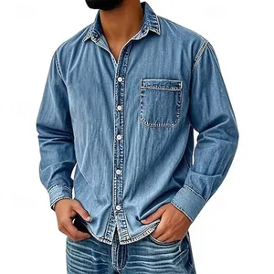 Men's retro light blue washed denim long sleeve shirt with classic lapel collar and pocket