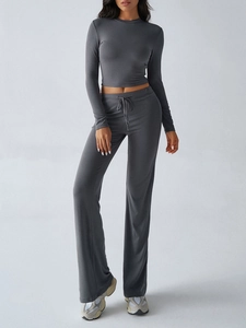 Women Athleisure Long Sleeve Crop Top And Straight Leg Pants Casual Yoga Sports Top And Bottom Polyester Ribbed Knit Lounge Set