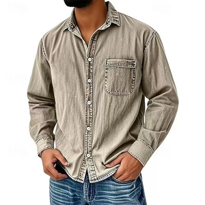 Detailed view of heavy washed vintage texture and stitching on men's retro lapel shirt