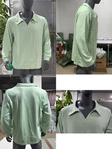 Detailansicht des hellgrünen Waffelstrick-Poloshirts für Herren mit langen Ärmeln und Revers
