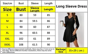 Size chart for knit V-neck long sleeve mini dress showing S to 3XL measurements in cm