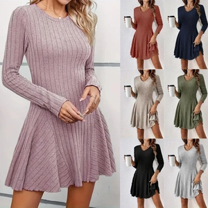 Elegant knit V-neck mini dress with long sleeves and pleated skirt in multiple colors