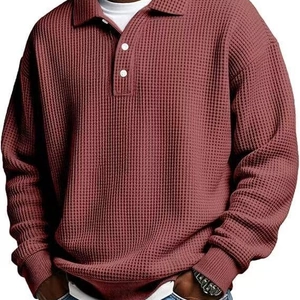 Heren Casual Wafelgebreid Poloshirt Lange Mouw Los Polyester Pullover Revers Knoop Top Voor Heren Herfst Winter