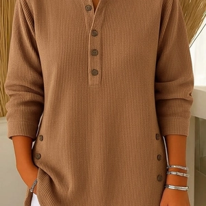 Women's brown ribbed Henley top with long sleeves and decorative side buttons