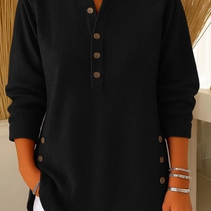Women's black waffle knit V-neck long sleeve top with decorative buttons for casual style