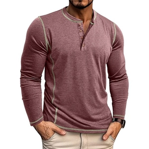 Men's slim fit dark burgundy long sleeve Henley shirt with green contrast stitching detail