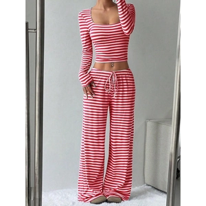 Women's chic red and white striped knit long sleeve crop top and high waist wide leg pants set