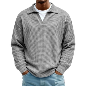 Herren Waffelstrick Polo Hemd Langarm Lockerer Schnitt Casual Leicht Business Mode Pullover Top Herbst Winter Kleidung
