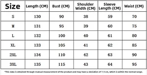 Size chart for faux suede long dress with measurements for S up to 3XL sizes