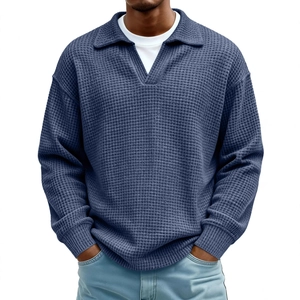 Dunkelblauer Herren Waffelstrick Polo-Pullover mit Reverskragen und Drop-Shoulder-Schnitt
