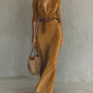 Women Elegant Suede Maxi Dress Single-Breasted Belted Long Sleeve Shirt Dress Autumn Winter Retro Solid Color Office Outfits