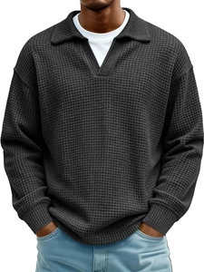 Dunkelgrauer Herren Strickpullover mit Waffelstruktur und klassischem Polokragen