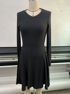Detail showing vertical ribbed knit texture of a black long-sleeve slim fit dress