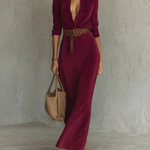 Elegant burgundy suede long dress with V-neck, long sleeves and wide waist belt for women