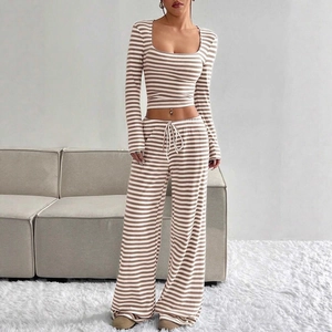 Women's two-piece striped knit set with U-neck crop top and wide-leg lounge pants