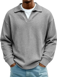 Graues Langarm-Poloshirt für Herren aus Waffelstrick mit klassischem Umlegekragen