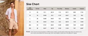 Detailed size chart for men's casual drawstring shorts showing waist and hip measurements