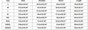 Detailed size chart for men's loose cardigan sweater showing measurements in cm and inches