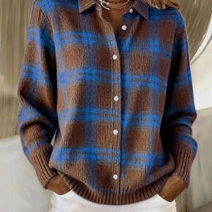 Damen Kariert Gestrickte Strickjacke Reverskragen Langarm Knöpfe Lose Pullover Jacke Vintage Lässige Herbst Winter Top