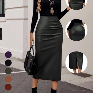 Dames High Waist Geplooide PU Kunstleer Satijn Midi Rok Elegant Bodycon Zijsplit Kokerrok Voor Feestjes Casual Look