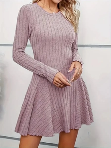 Close-up of lilac ribbed knit texture and long sleeves of the elegant A-line mini dress