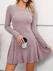 Close-up of the elegant mauve ribbed knit dress showing the soft texture and long sleeves