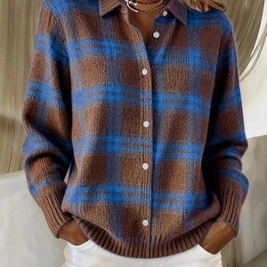 Damen Strickjacke mit Karomuster und Revers im Vintage-Stil für den Herbst