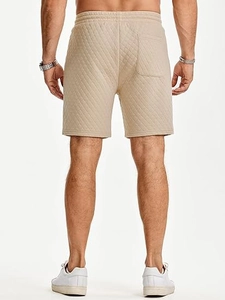 Detailed back view of khaki quilted shorts for men with elastic waist and patch pocket