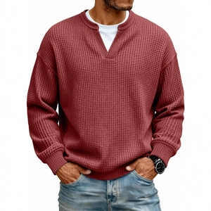 Men's waffle knit long sleeve polo shirt in deep red with v-notch neck and relaxed fit