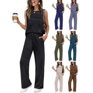 Women Sleeveless Round Neck Pleated Top And Bottom Casual Solid Color Wide Leg Pants With Pockets Two Piece Lounge Outfit