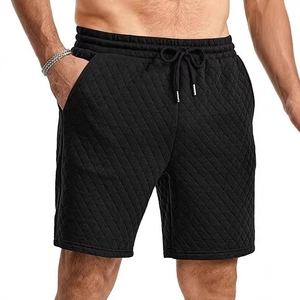 Men's black quilted sports shorts with drawstring elastic waist and side pockets