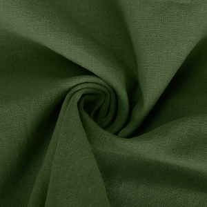 Macro shot of olive green cotton linen fabric showing the plain weave texture and drape