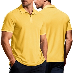 Detail of yellow waffle knit polo shirt showing textured fabric and three-button collar