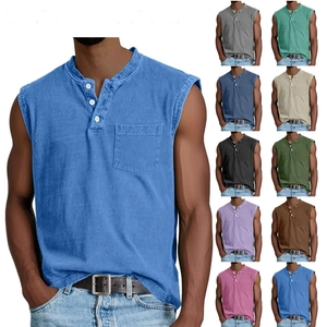 Detail view of cotton sleeveless Henley shirt neckline and pocket in various colors