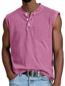 Close-up of vintage washed mauve cotton Henley tank top with button neck and chest pocket