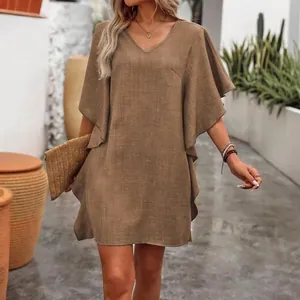 Robe Courte Femme Col en V Manches Papillon à Volants Décontractée Couleur Unie Été Plage Mode Vacances