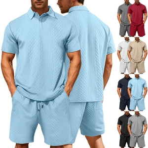 Men Summer Casual Polo Shirt Shorts Set Jacquard Knitted Textured Thin Lapel Short Sleeve Top And Bottom Vacation Outdoor Outfit