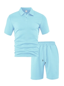 Detail of light blue men's polo set with diamond texture fabric and elastic drawstring