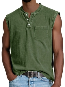 Detail view of army green washed cotton Henley vest with button placket and chest pocket