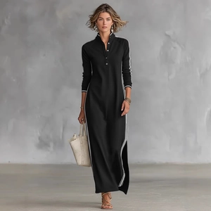 Robe Maxi Sportive pour Femme Col Polo Rayures Latérales Contrastées Manches Longues Boutons Fente Ourlet Mode Streetwear Décontractée