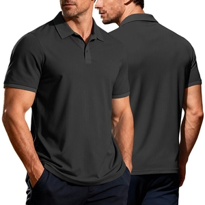 Detail of dark grey short sleeve polo shirt featuring waffle knit texture and three-button placket
