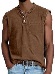 Close-up of three-button Henley collar and chest pocket on brown washed cotton tank top